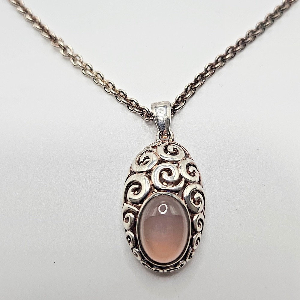Sterling Silver Rose Quartz Necklace Filagree Spiral Scroll 17"